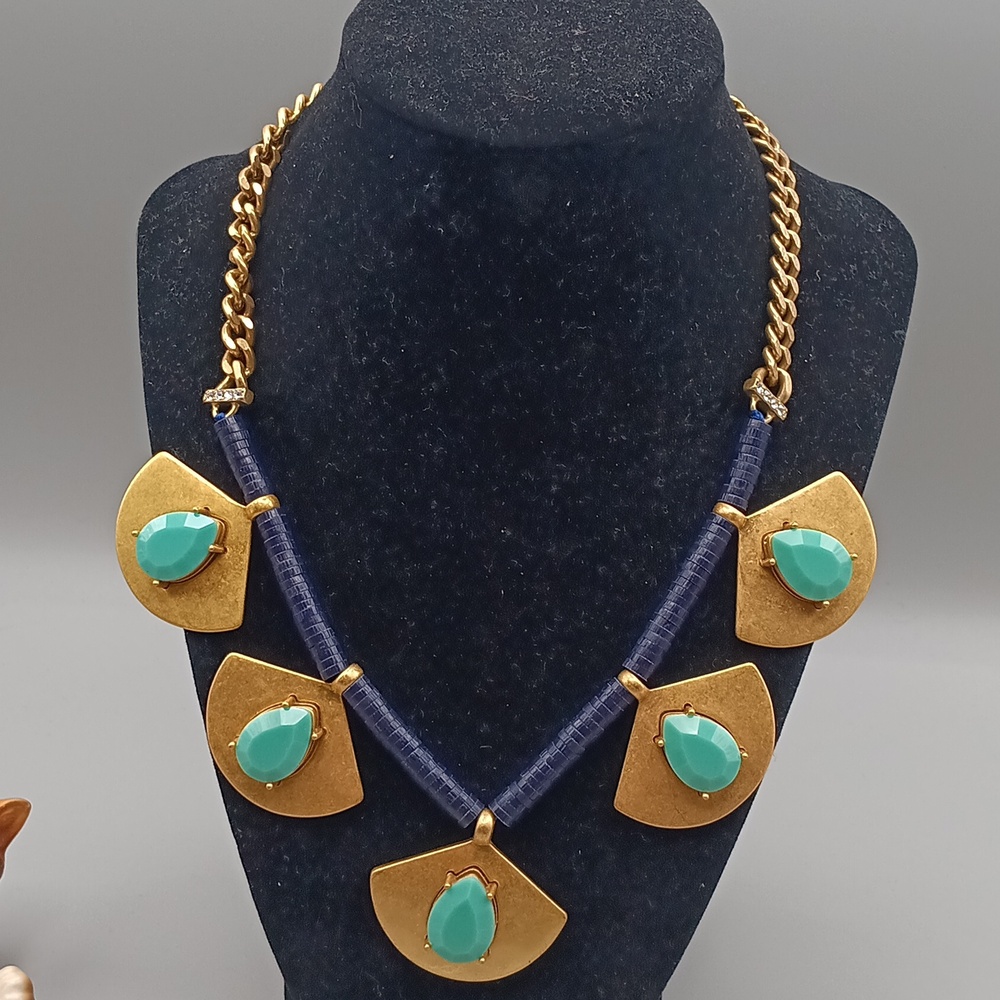 Vintage J Crew Brass Fans Turquois Glass Rhinestones Blue Flat Beads Necklace